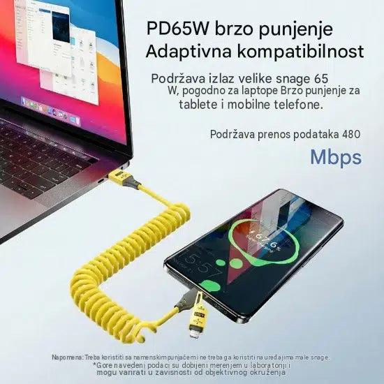4 u 1 Uvlačivi Kabl za Brzo Punjenje – 65W, USB-C + Lightning
