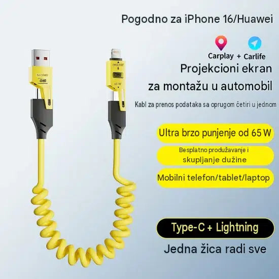 4 u 1 Uvlačivi Kabl za Brzo Punjenje – 65W, USB-C + Lightning